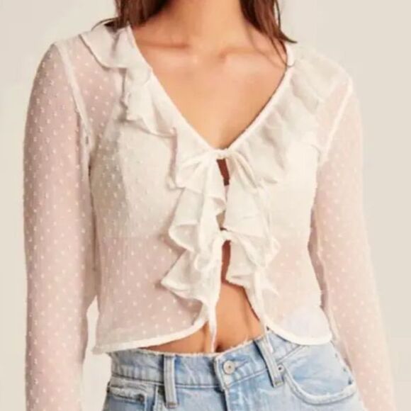 Abercrombie & Fitch Tops - Abercrombie & Fitch White Sheer Swiss Dot Ruffled Tie Front LS Top Size M